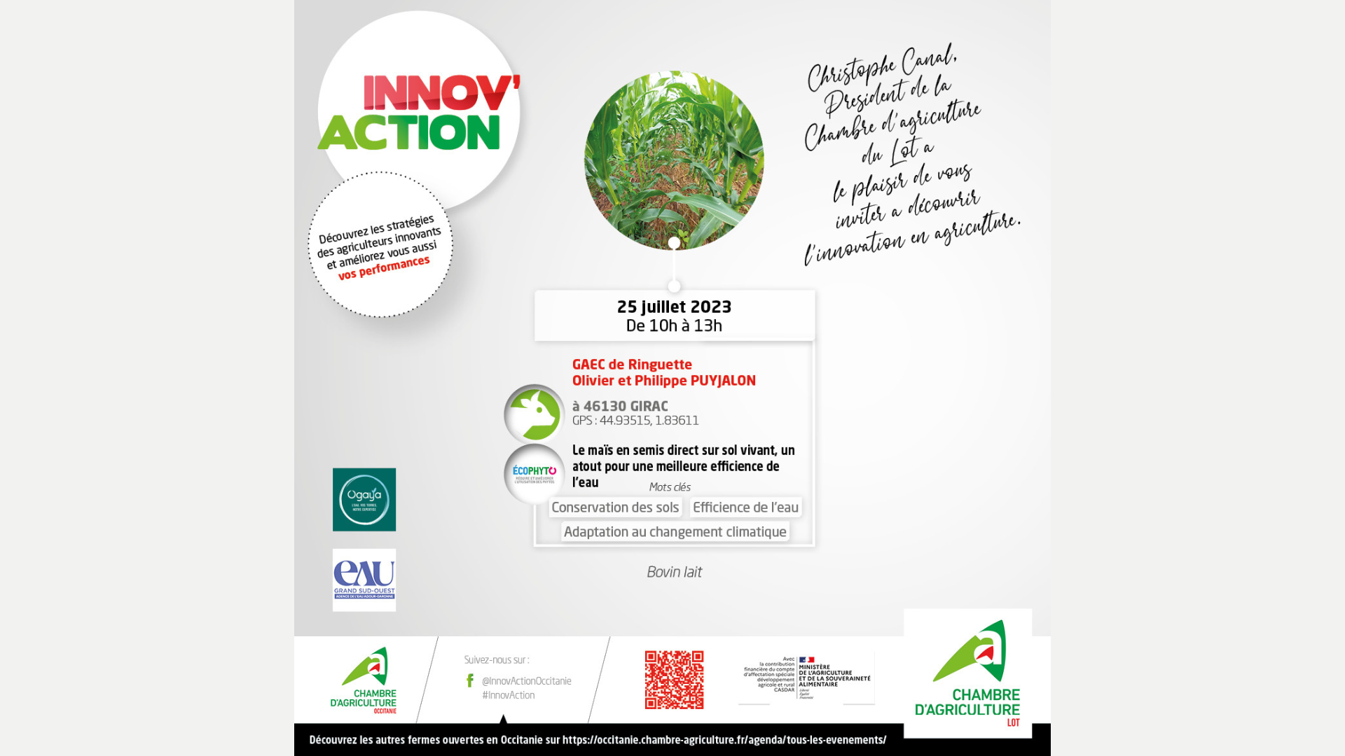 Innov’action : Culture du maïs sans aucun travail du sol au GAEC de Ringuette à Girac le 25 juillet