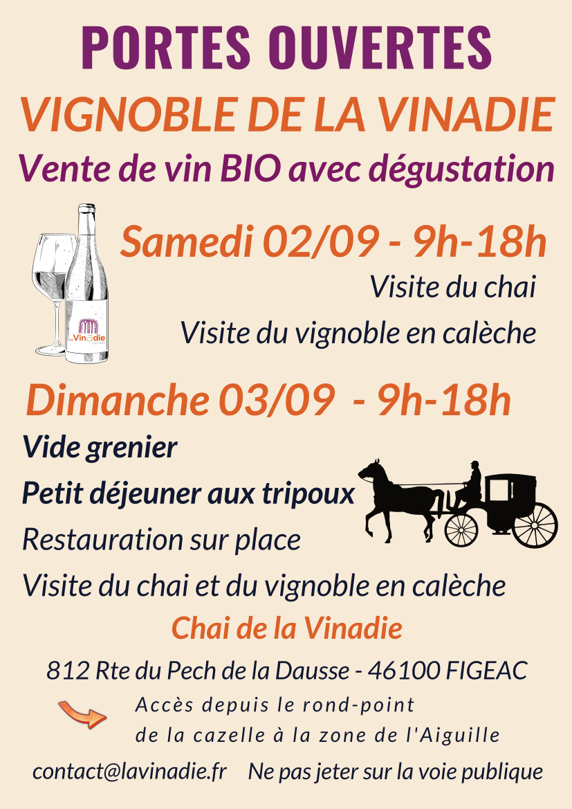 Le vignoble de La Vinadie à Figeac organise ses journées portes ouvertes les 2 et 3 septembre 2023