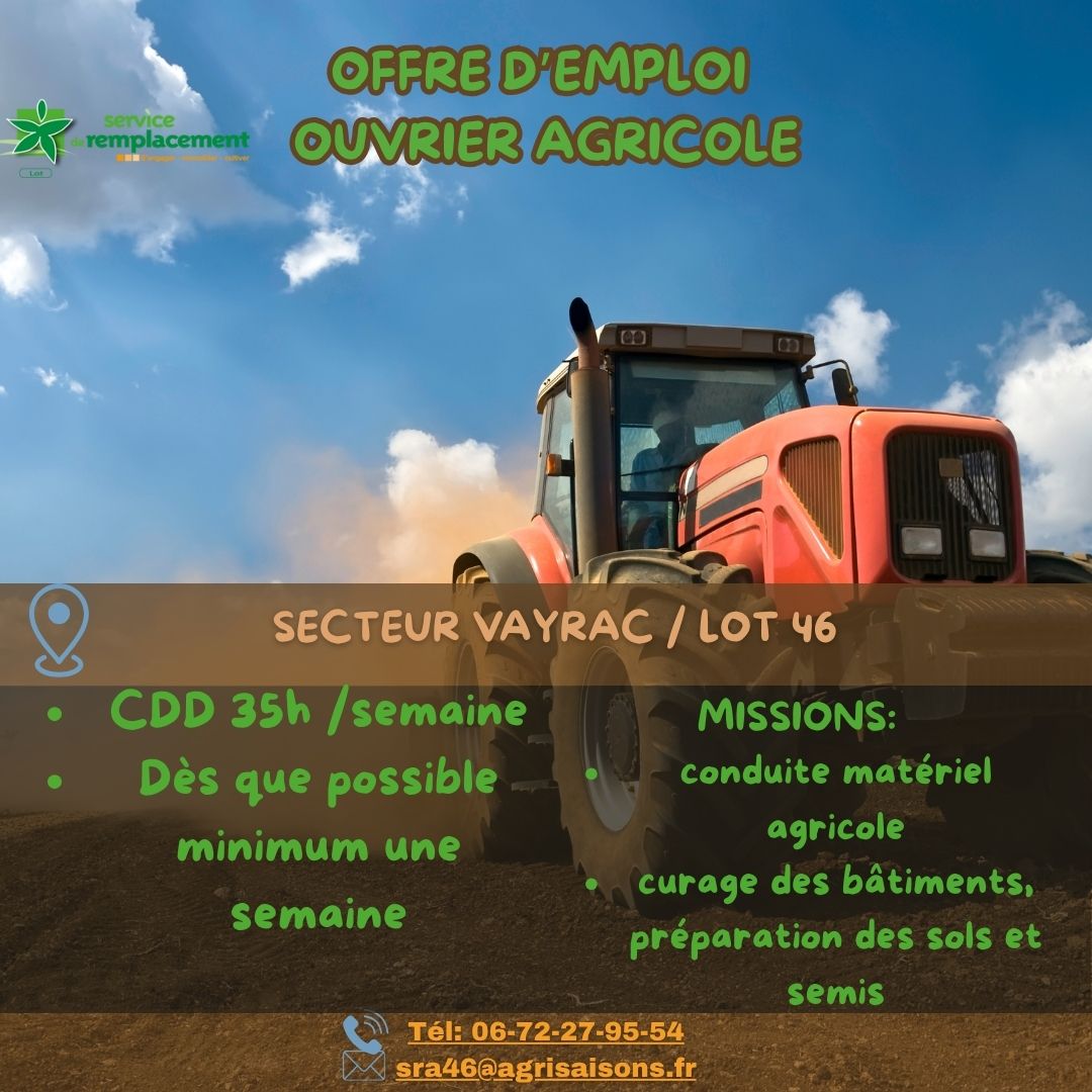 Offre d’emploi : ouvrier agricole (secteur de Vayrac)