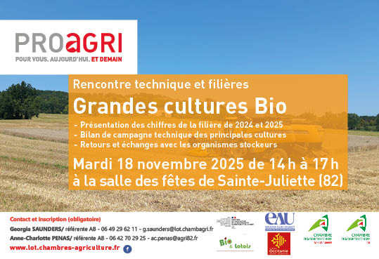 Rencontre technique et filières Grandes cultures Bio, le 18 novembre à Sainte-Juliette (82)